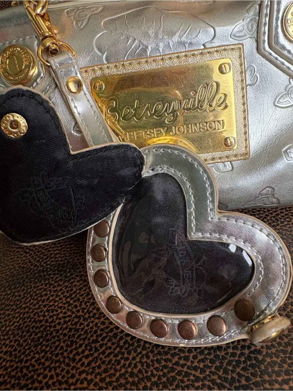 Betsey Johnson Silver Metallic Barrel Mini Bag with Gold Hardware